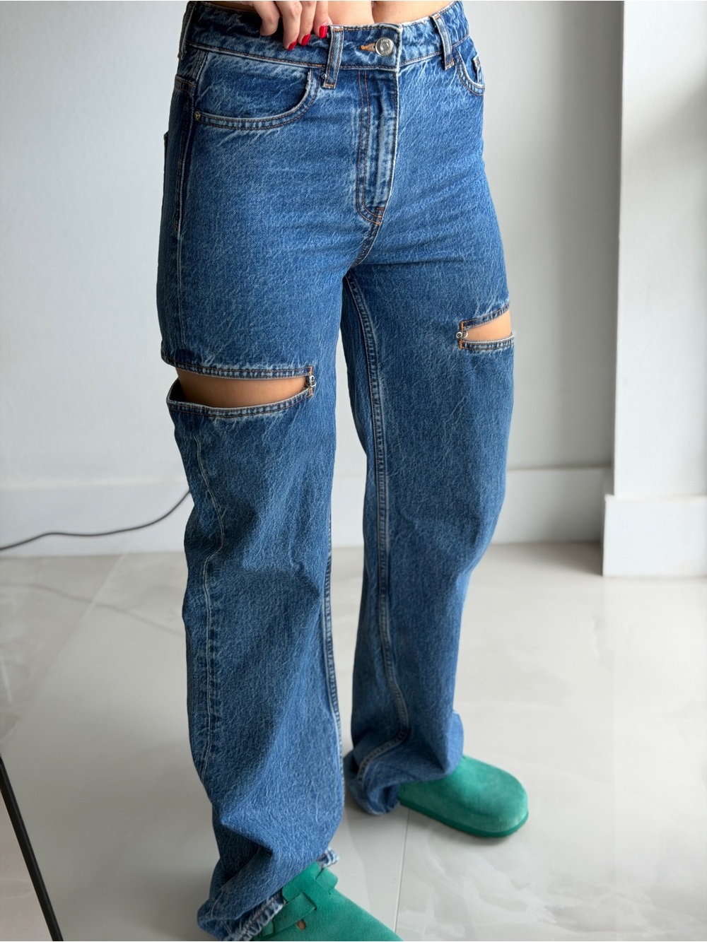 Blue Distressed Straight-Leg Jeans